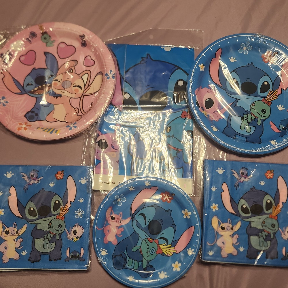 Disney Stitch and Angel Party Supplies Pink & Blue, 30 Plates, Napkins, 1 Table